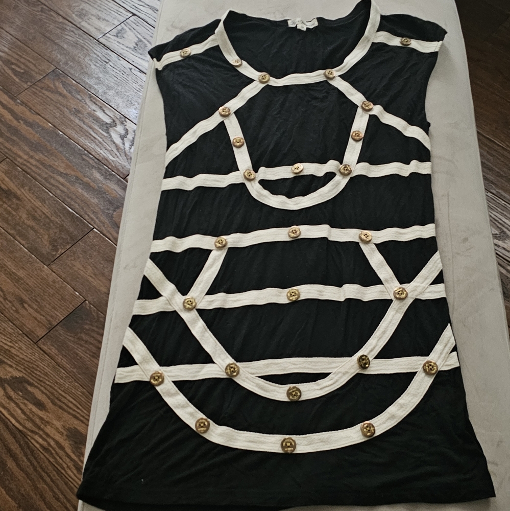 Chic Black Top with White Trim and Gold Buttons